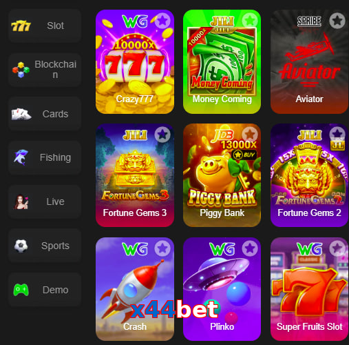 Main screen of X44bet game page for PK players